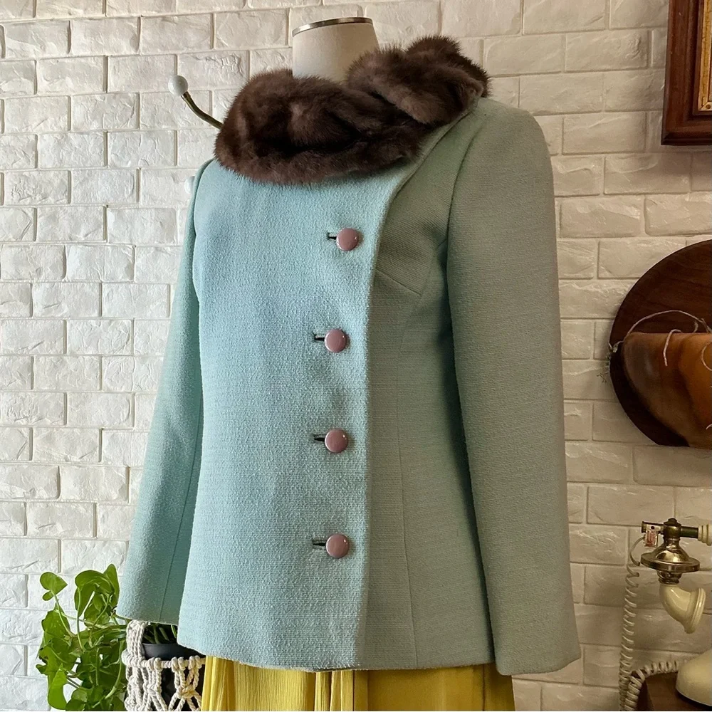 Vintage 1960 Blue Fur Collar Mod Side Button Jacket - Picture 5 of 13